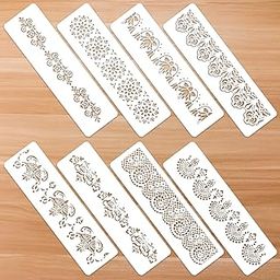Prasacco 8 Pieces Flower Border and Ornate Mandala Stencils - Reusable DIY Craft Templates for Painting on Wood, Canvas, Paper, Fabric, Cake, Wall - Floral Edge Design-19