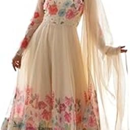 Women's Organza Printed Gown Set | Round Neck | Full Sleeve Dress with Pant & Dupatta | Fully Stitched Ethnic Wear-image-22