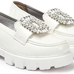 Patent Leather Platform Loafers, Chunky Lug Sole, Crystal Buckle, Black (DN-170)-image-89