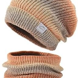 Winter Slouchy Beanie and Scarf Set for Women Girls, Warm Knitted Gradient Cap Neck Winter Ski Hat with Lined-image-11