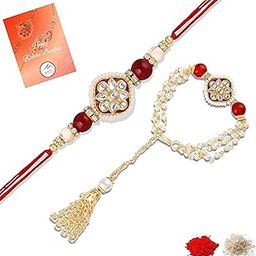Gold Plated Classic Kundan and Artificial Pearl Studded Ethnic Couple Rakhi Set for Bhaiya and Bhabhi (PARCOL1105728PR)-image-22