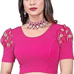 Round Neck Cotton Lycra and Net Fabric Fully Stretchable Baloon Sleeve Designer Readymade Blouse for Women-image-19
