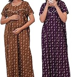 Women's Cotton Printed Maternity Nighty/Feeding Nighty/Pregnancy Night Gown/Nursing Nighty with Zippers for Nursing Pre and Post Pregnancy Nighty for Women (Pack of 2)-image-23