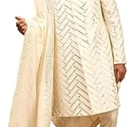 vastramay Men's Cream Silk Blend Sherwani Set With Dupatta | Trend setting Men's Indowestern Style Mirror Work Sherwani. Cowl Style Patiala Dhoti Pant Set. Comes With Mirror Border Viscose Dupatta.-picture-45