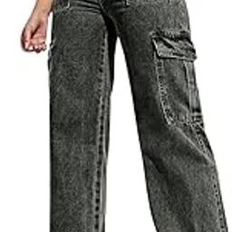 nu cloths Women Wide Leg Flap Pocket Cargo Jeans | Regular Fit Jeans for Women | Jeans Pant for Women High Waist-picture-9