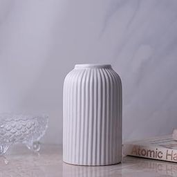 AMHSUS White Ribbed Ceramic Vase for Home Décor – Modern Nordic Style | Matte Finish Decorative Flower Vase for Table, Shelf & Office | 6 Inch-image-80
