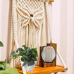 Lachicraft Handmade Macrame Wall Hanging Shelf for Home Décor, Decorative Boho Floating Wooden Shelve for Living Room, Gifts Marriage Birthday Party Room Decoration,Off-White-11