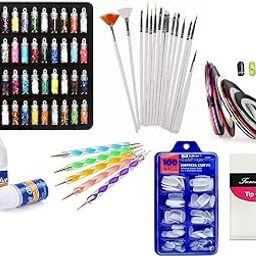 D.B.Z. Nail Art Kit with, 100 Nails,15 Pcs Nail Art Brush,5 pcs Nail Dotting Tools,48 Pcs 3D Nail glitter bottles,10 Round Nail Tapes,2 Nail Glue &10 Nail Art Tip Guide Sticker – (190 Pcs Combo)-8