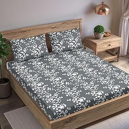 Trance Home Linen 200TC 100% Cotton 78"x60" Standard Queen Size Elastic Fitted Bedsheet | Printed Elasticated Fitted Bedspread with 2 Pillow Covers (Queen 78x60 inch, Ginkgo Leaves Grey White)-image-42