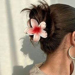 Plumeria Flower Hair Clip, Pink and White, Hawaiian Style Hair Accessory, in different color set of 4 pieces 2 small and 2 large piece flower look trendy and viral claw for hair-image-69
