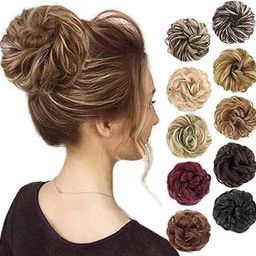 2PCS Messy Hair Bun Hair Scrunchies Extension Curly Wavy Messy Synthetic Chignon for Women Updo Hairpiece (Light Golden Brown & Pale Golden Blonde)-image-19