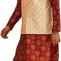 (Since 1958 Men's Silk Blend Printed Maroon Kurta & Beige embroidery Nehru Jacket With Off White Churidar Pyjama-1
