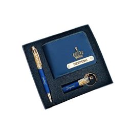 just in trendz Personalized Wallet with Charms Customized Faux Leather (Blue) Wallet, Pen and Keychain Set for Men (3 in 1 Combo) Name Engraved Pocket Purse image 1