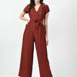 WAYLENE Striped Shirt Collar Basic Jumpsuit-image-3