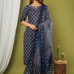 CRAFTED FOR YOU Women Navy Blue Printed Cotton Straight Kurta with Trousers & With Dupatta-50