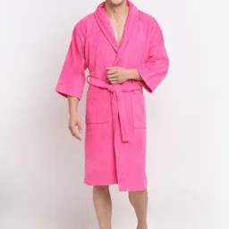 Creeva Unisex Pink Solid Bath Robe With Pockets-6