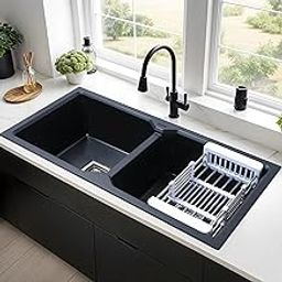 Ruhe® Matte Black Quartz Double Bowl Kitchen Sink - 45x20x9 inches | Durable & Scratch-Resistant Kitchen Sink | Granite Sink with Couplings, Waste Pipe, Sink Connector & Vegetable Washing Basket-image-10