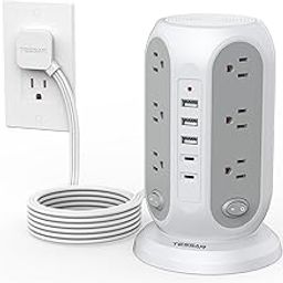 TESSAN Tower socket strip with individual switches, surge protector with 12 sockets, 5 USB ports (2 USB-C), 3 m flat extension cable, flat plug,-image-11