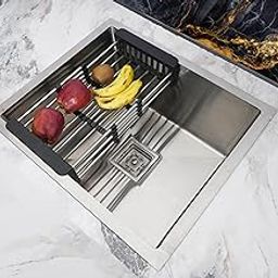 BOWLS & MORE 20" x 17" x 10" Kitchen Sink With Vegetable Basket | Handmade 304-Grade Stainless Steel Matt Finsih Single Bowl Sink (Silver)-image-69