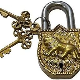 PARIJAT HANDICRAFT Brass Padlock Door Lock Tiger Engraved Design Fully Functional Brass Lock with 2 Keys (Golden)-picture-23