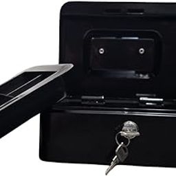 Lock Safe Box with Key, Change & Valuables with 2 Keys, Removable Tray, 7.87Lx 6.3Wx 3.54H Inches, Money Saving Organizer, Black Medium-1