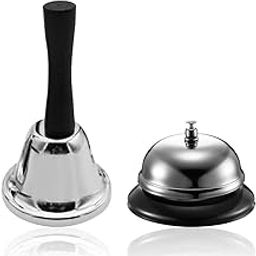 Pack of 2, Stainless Steel Hand Bell and Call Bell, Futu 3 Inch Hand Bell and 3.3 Inch Diameter Desk Bell Service Bell for Hotels, Schools, Restaurants, Reception Areas, Hospitals, Warehouses-36