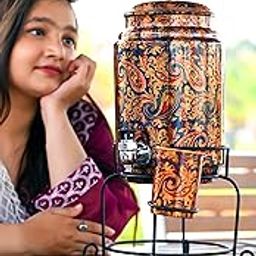 CRAZE CRAFTS Green Print 5 Liter Copper Water Dispenser Matka Tank Pot with 1 Glass and Iron Stand - 5000 ml,Design-8-13