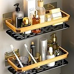 BINSBARRY Self-Adhesive Multipurpose Wall Mounted Bathroom Shelf and Rack for Bathroom and Kitchen,Space Saving Bathroom Organizer Shelf, Punch Free Wall Shelves, Wall Stand (Gold Shelf, Pack of 2)-image-26