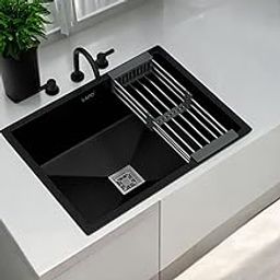 LAPO Quartz Kitchen Sink, Single Bowl Kitchen sink, Granite Quartz Kitchen Sink with Sink Coupling, Hose Pipe and Drainer Basket (24x18 Inches, Black Metallic Finish)-15