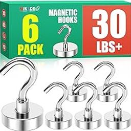 MIKEDE Magnetic Hooks Heavy Duty, 25Lbs Strong Rare Earth Neodymium Magnets With Hooks For Hanging, Magnetic Hanger Strong Cruise Hooks For Kitchen, Home, Workplace, Office&Garage, Pack Of 6, Silver-30