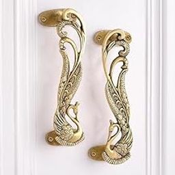 Peacock Design 7 Inches Brass Door Handle Pair, Main Door Handles, Antique Door Handle, Door Handles for Main Door, Material - Brass, Standard, Pack of 2 Handles - Brass, Pull Handle-image-1