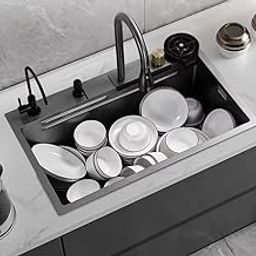 Kitchen Sink with ANTI SCRATCH HONEYCOMB DESIGN Integrated Waterfall, Pull-down Faucet Set; 304 Grade Stainless Steel Sink with Cup washer and Drain Baskets (24x18x9)-23