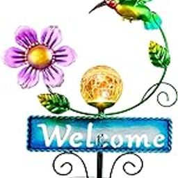 FOMOMDI Outdoor Solar Garden Lights with Welcome Sign, Hummingbird Ornament Metal Stake Lights for Lawn, Patio, Cracked Glass Balls (Hummingbird)-image-23