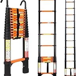 LAEYI 3.8M 12.5FT Aluminum Telescopic Ladder Compact and Capacity 330lb Load Telescopic Ladder with Removable Hooks RV Collapsible Ladder for Household Outdoor Use Black and Orange-image-38