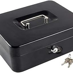 CRULAC Cash Box with Key, Metal Money Box, Cash Money Safe Box, 5 Compartments Removable Money Tray, Cash Box, 20 x 16 x 9 cm, Black-picture-12