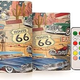 OURVII Vintage Route 66 Flameless Candles with Remote Timers Retro Car Pillar Candles for Bedroom Bathroom Outdoor Party Garden Ambient Lighting Decoration Set of 2-image-56