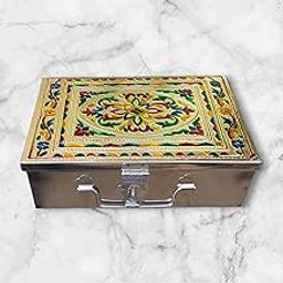 GinoSet Stainless Steel Cash Box, Pooja Peti, Organizer, Vanity Box, Safe Locker, 9 inch, Handicrafts Digital Meenakari Laser Print Design-image-79