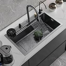 24 X 18 x 9 Waterfall Kitchen Sink Integrated Honeycomb Design 304 Grade With Black Matt Finish Single Bowl Multifunctional Sink For Kitchen-image-63