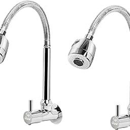 Tapglow Turbo Dual Flow Chrome Wall Mount Brass Kitchen Sink Tap Pack of 2 with Flexible Neck | Dual Sprayer Function | 2 Way Shower Foam and Flow for Home,-35