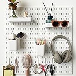 Pegboard Accessories Combination Wall Organizer Kit,Pegboard Shelf for Bedroom,Study,Office,Bathroom,Pegboard Bins with 4 Pieces Pegboards and 12 Accessories,22"x22",White-image-7