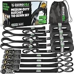 RHINO USA Ratchet Straps (4PK) - 1,823lb d Max Break Strength, Includes (4) Premium 1in x 15ft Rachet Tie Downs with Padded Handles. Best for Moving, Securing Cargo (BLACK)-image-45