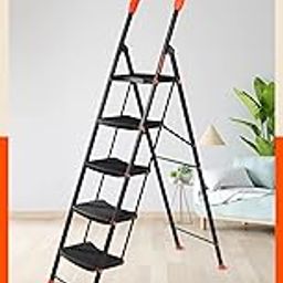 Bathla Ascend Steel 5 Step Heavy Duty Ladder for Home | Wide Anti-Slip Steps | 5 Year Manufacturer Warranty | Safety Hand Grip & Secured Joints (Orange & Black)-14