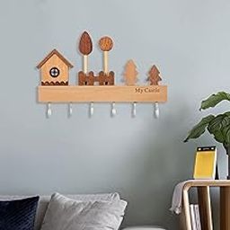 Wooden Key Holder Rustic Sturdy 6 Hooks Hat Rack for Indoor Entryway Hallway Beige Key & Letter Holders-14