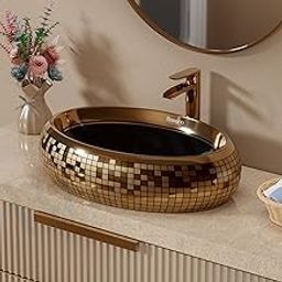 BASSINO Ceramic Counter Top Kitchen Wash Basin/Black & Rose Gold Basin for Bathroom/Oval Shape Tabletop Washbasin for Restaurant/Dining Hall/Living Room/Hotel(24 x 16 x 6 Inch/Glossy Finish)-image-17
