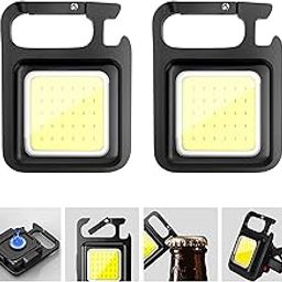 Cob Keychain Work Light - 2 Pack, 4 Light Modes Rechargeable Keychain Flashlights with Folding Bracket Bottle Opener Magnetic Base for Fishing Walking Camping, Abs-11