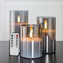 Flameless Candles, Pack of 3 Battery Operated LED Candles with Remote Control and Timer, Grey Glass Flickering Pillar Candles, Warm White Light, Fake Candles for Party, Festival, Wedding, Home Decor-image-57