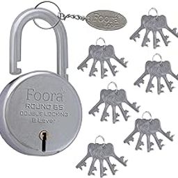 Foora lock and keys door lock for home round 65mm padlock with 30 keys and 1 key chain antitheft double locking 8 lever gate, shop shutter finish silver Good for rental Apartment hostel (30 Keys Foora Round 65)-image-2