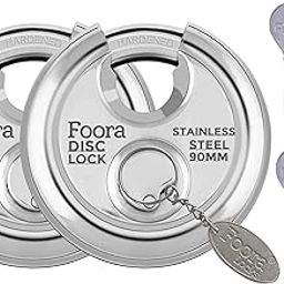 Foora Stainless Steel, Hardened Shackle, Glossy Rust Resistance Disc 90mm Door Polished Steel Same Key Lock with with 4 Hi-Tech Brass Separate Keys (Silver) 2 Common Key Lock-23