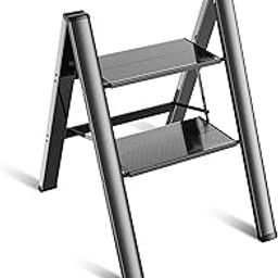2 Step Ladder Folding Ladder Stool Portable Storage Rack Lightweight Aluminum Wide Anti Slip Pedal Multifunctional Household Adults Stepladder Black 330lb-image-99