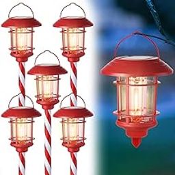 Dynaming 6 Pack Dual Use Solar Christmas Path Lights Outdoor, Hanging Lantern Solar Garden Light with Edison Bulb, Xmas Pathway Markers, Auto On/Off Candy Cane Lights for Patio Yard Walkway Driveway-image-32